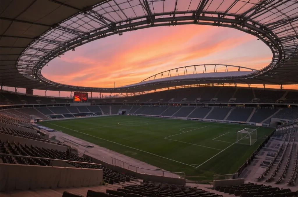 Massive modern soccer stadium under a dramatic sunset sky representing North American host cities