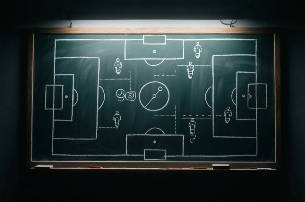 A tactical soccer chalkboard with strategy diagrams and team formations