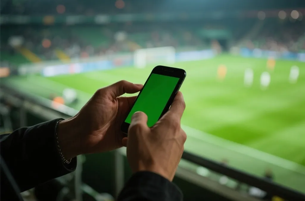 Close up of a person holding a mobile phone in a football stadium during a match, vibrant green field